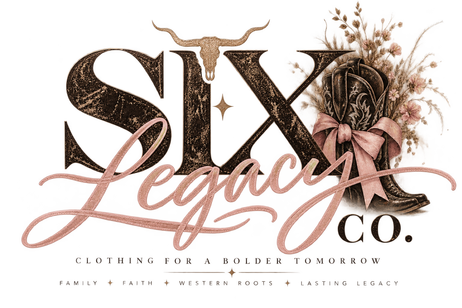 SIX Legacy Co. signature logo with Western boots and pink bow